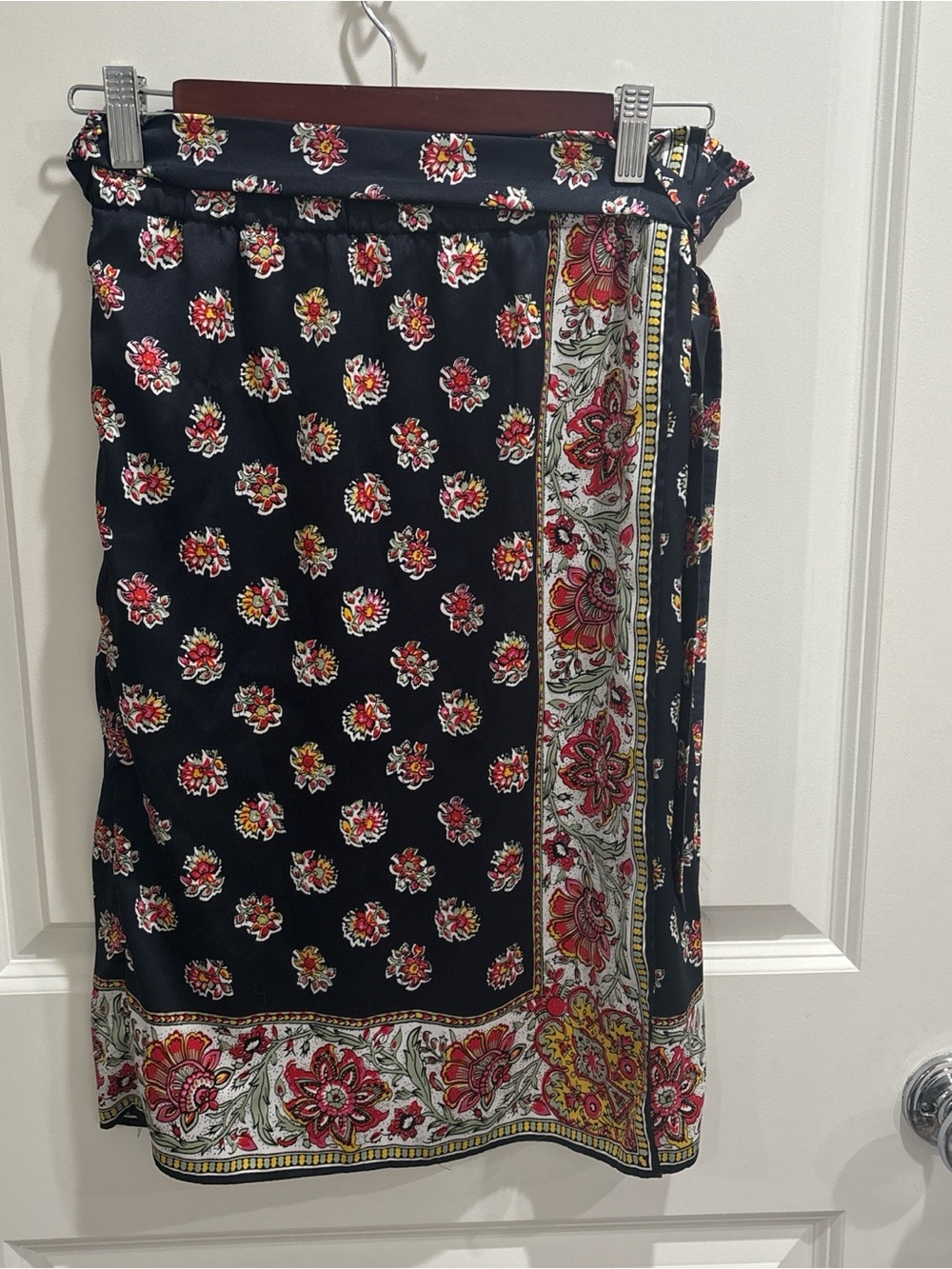 LOFT Black Wrap Skirt with Red and Yellow Floral Border